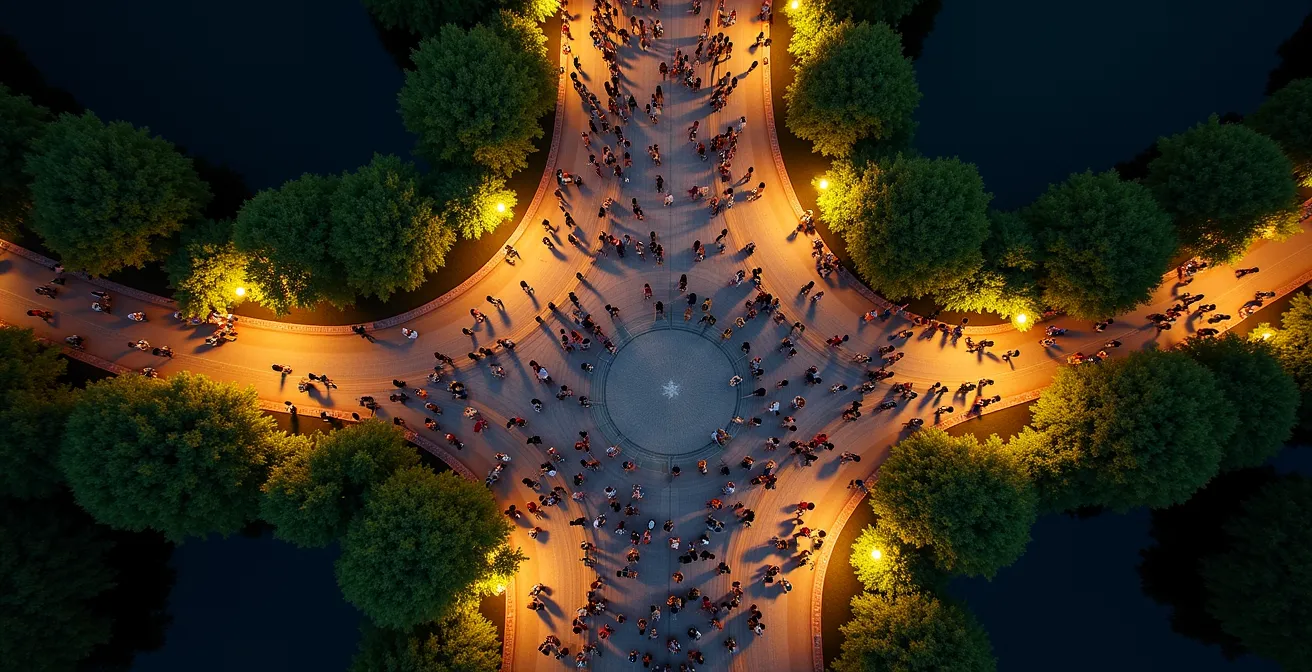 Aerial perspective of crowds flowing through multiple exit routes from a large park at night