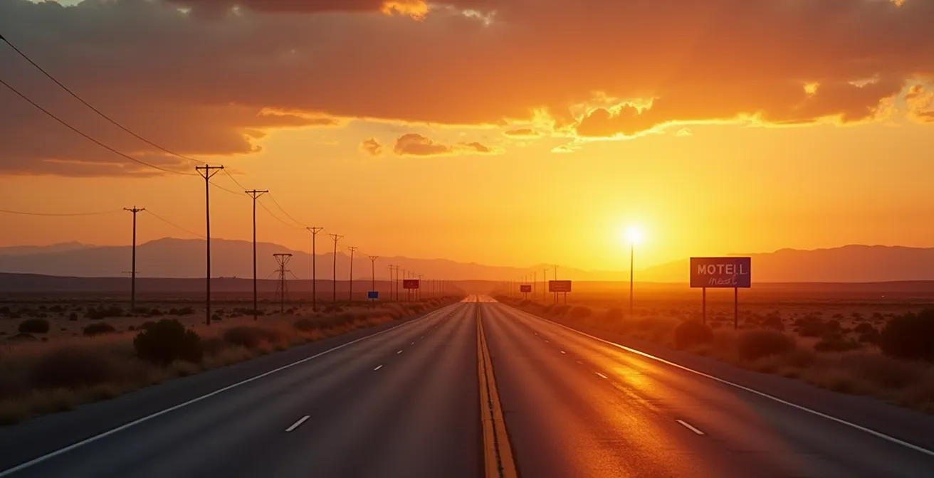Wide landscape view of an American interstate highway at golden hour with motel signs visible in the distance