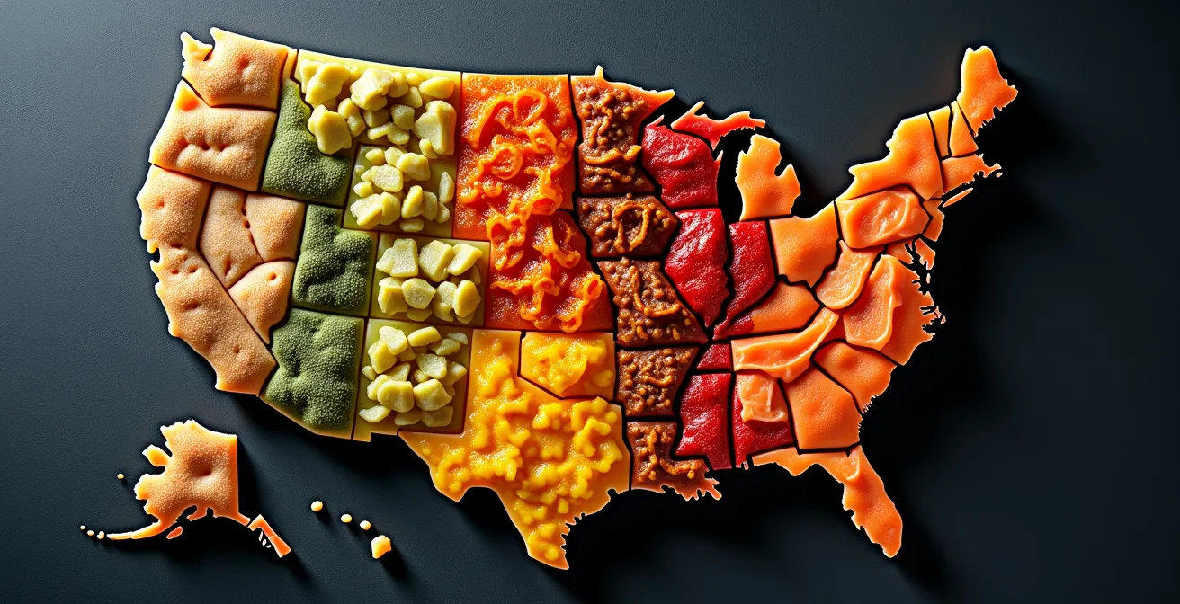 Artfully arranged regional American ingredients representing diverse culinary traditions