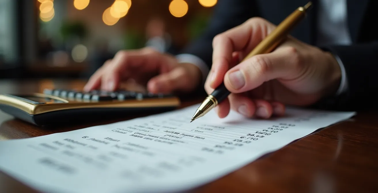 Close-up of hands calculating tip on restaurant receipt with pen and calculator