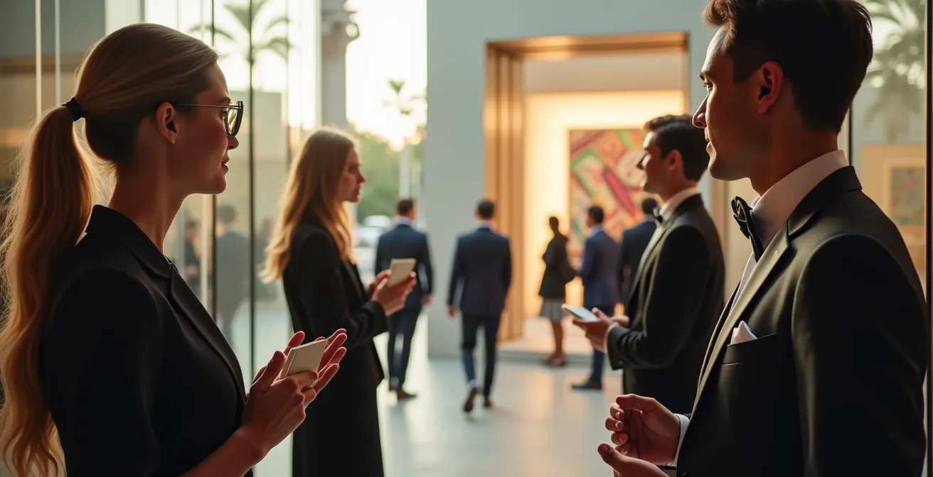 Exclusive VIP entrance area with visitors in sophisticated attire entering art fair