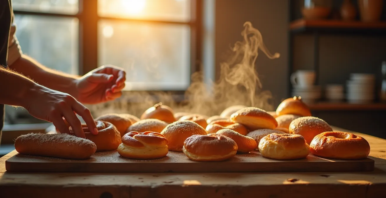 Warm morning light streaming through bakery window illuminating fresh pastries on wooden counter