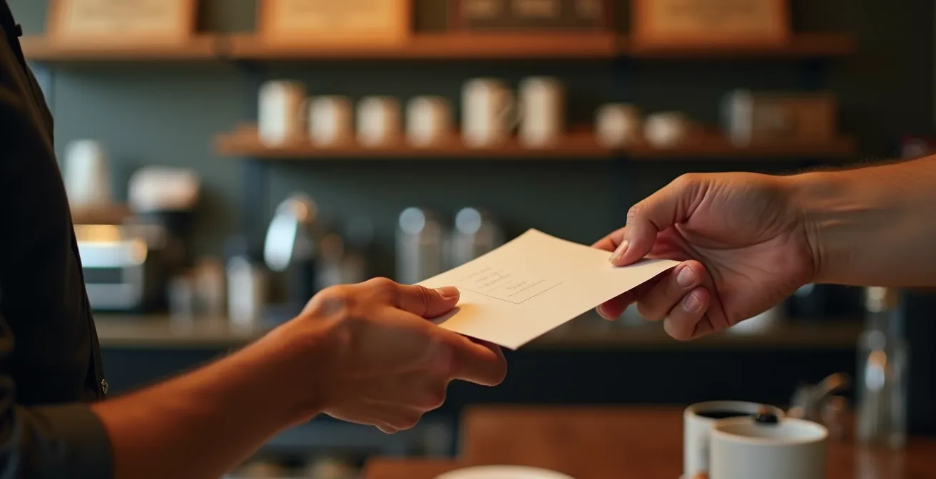 Close-up of hands exchanging a handwritten restaurant recommendation note in a coffee shop setting