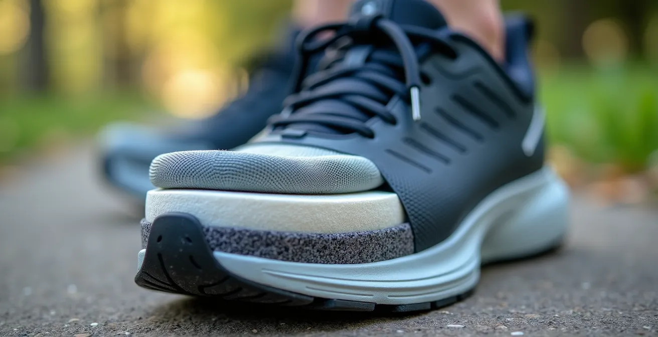 Extreme close-up of cushioned athletic shoe sole showing advanced comfort technology
