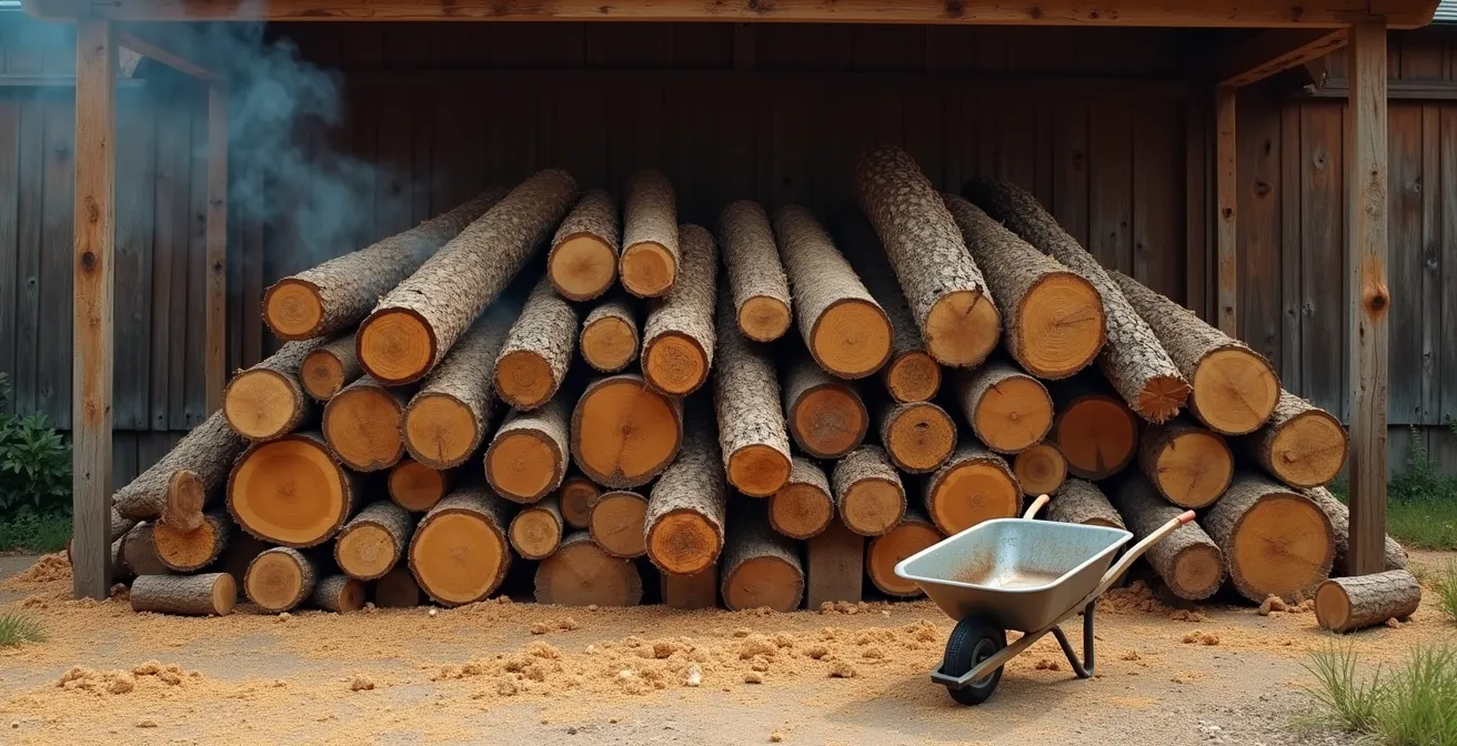 Weathered split oak and hickory logs stacked against the exterior wall of a traditional BBQ smokehouse