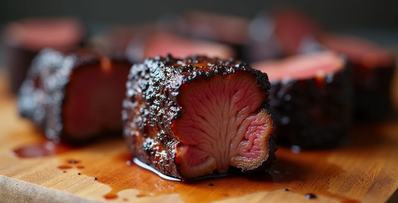 Macro shot of caramelized burnt ends from brisket point showing crispy edges and rendered fat
