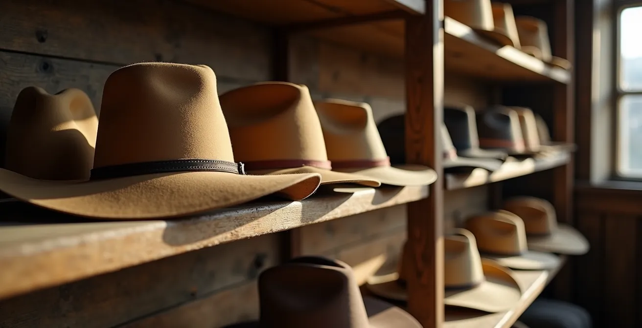 Display of different cowboy hat styles and creases in a Western store setting
