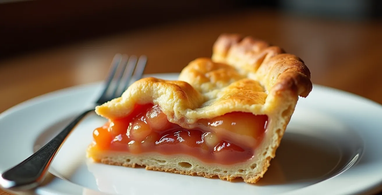 Close-up macro shot of fresh homemade pie with golden crust and visible fruit filling texture