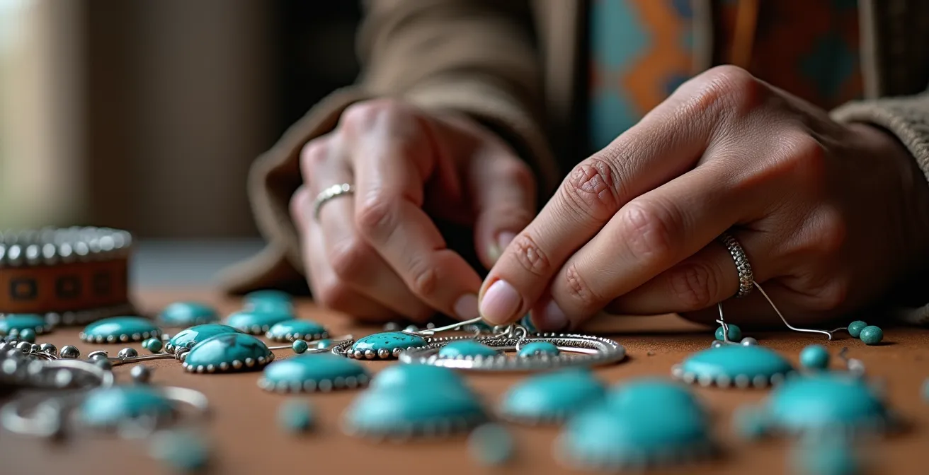 Close-up of Native American artisan's hands working on traditional beadwork jewelry with turquoise stones