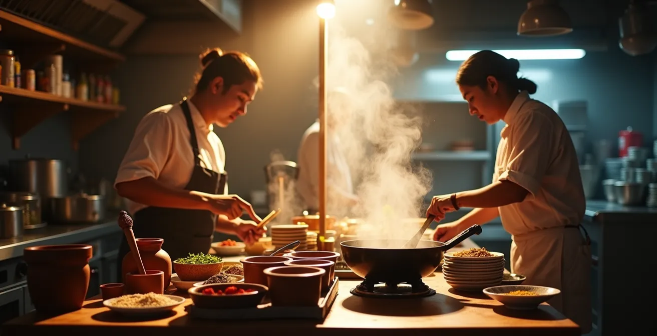 Split view of two restaurant kitchens showing authentic vs commercialized preparation methods