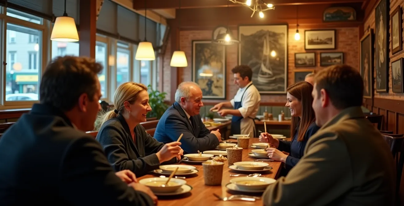 Cozy interior of a traditional Boston neighborhood seafood restaurant