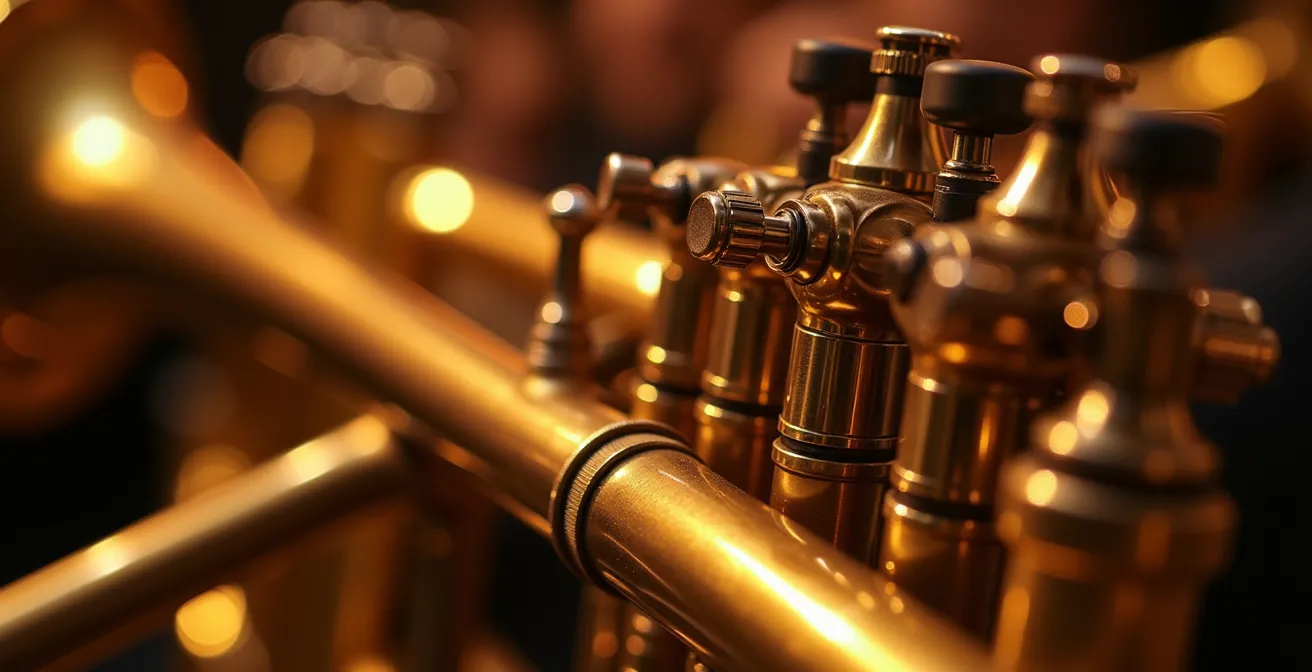 Orchestra pit musicians during Broadway performance viewed from above