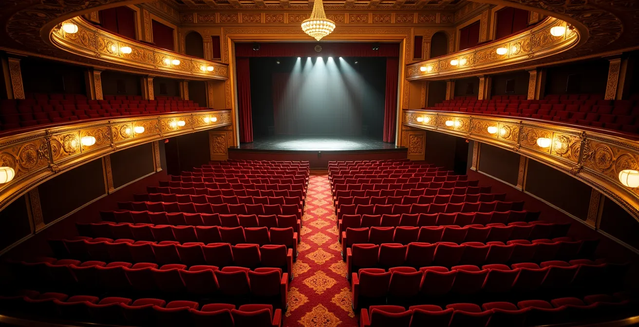 Theater interior showing multiple seating levels from balcony perspective