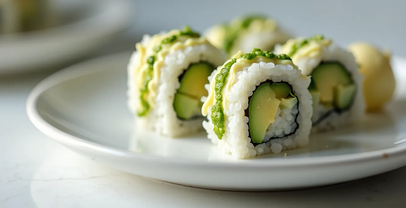 Extreme close-up of California roll showing rice texture and avocado layers