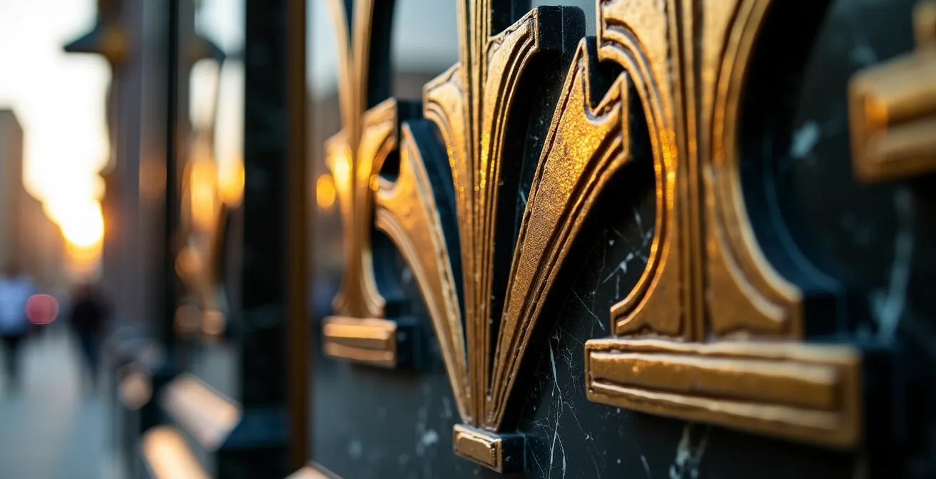 Close-up architectural details of Chicago's Art Deco Carbide and Carbon Building gold leaf accents