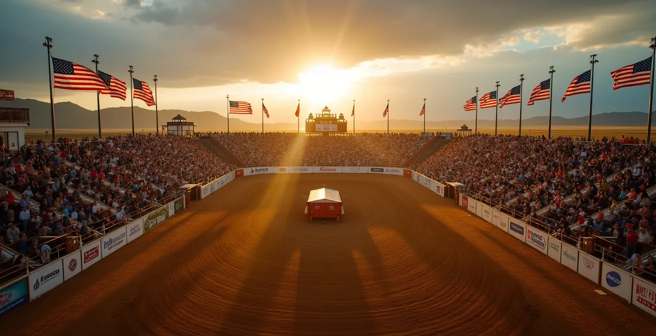 Wide view of Cheyenne Frontier Days arena filled with spectators during rodeo event