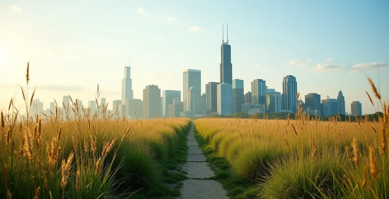 Chicago skyline emerging from prairie landscape showing contrast between natural and built environment