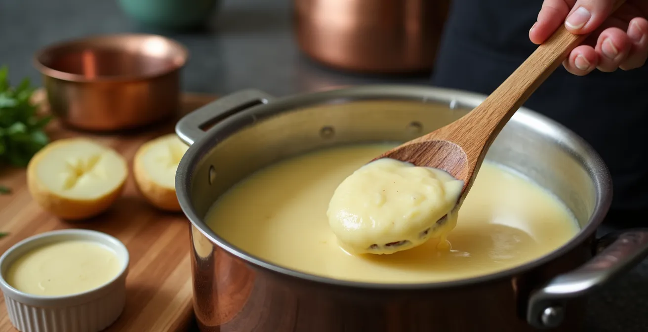 Close-up of creamy potato purée being folded into chowder base