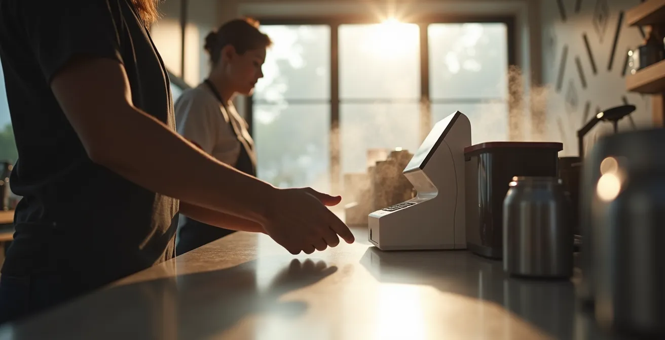 Customer at coffee shop counter with payment terminal, barista in background