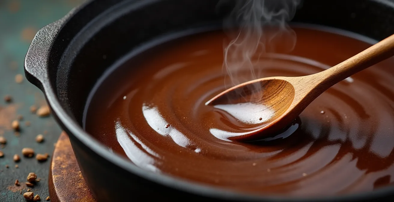 Close-up of dark chocolate-colored roux being stirred in a cast iron skillet