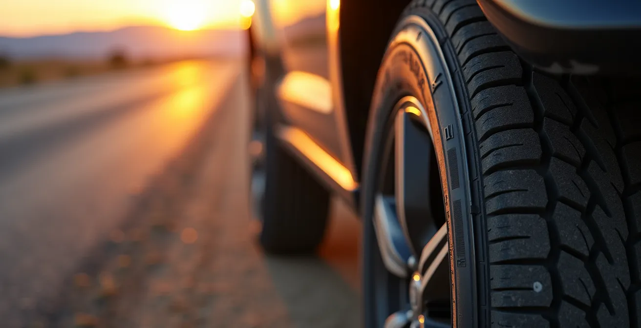 Close-up macro shot of spare tire tread pattern with desert highway blurred in background