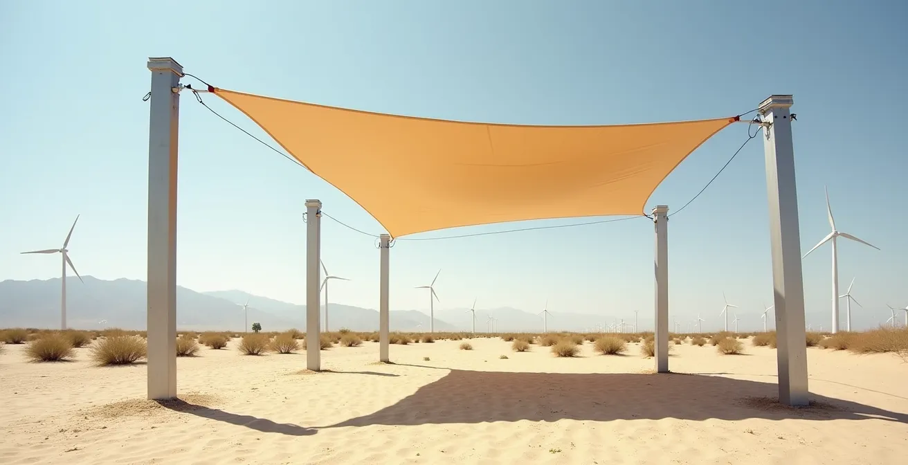 Wide shot of reinforced canopy structure in desert with ratchet straps and heavy-duty stakes