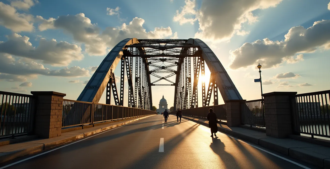 A powerful perspective view across the Edmund Pettus Bridge, with the steel arches leading toward the horizon and small figures walking, evoking the historic march.