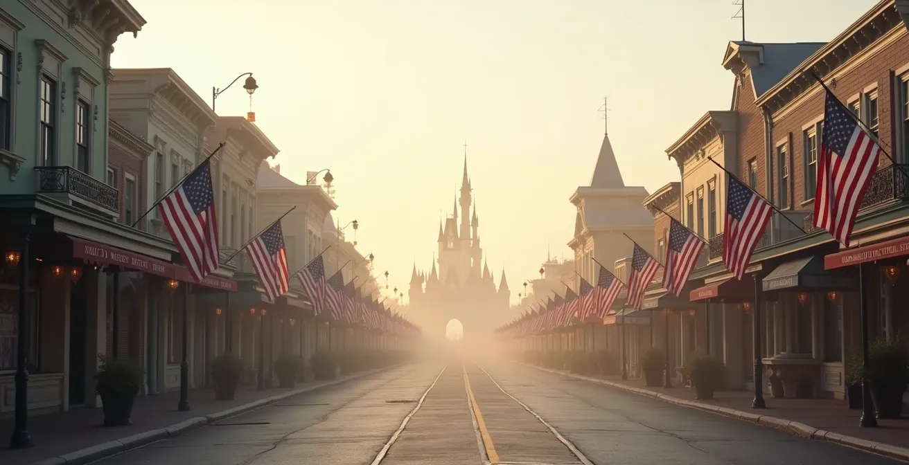 Nearly empty Main Street USA during off-peak morning hours with minimal crowds