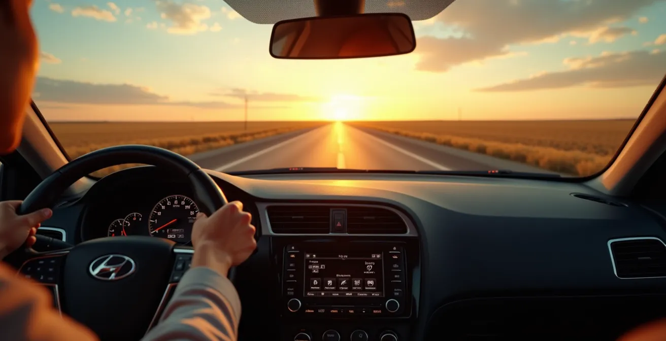 View of endless Nebraska I-80 highway at golden hour from driver's perspective