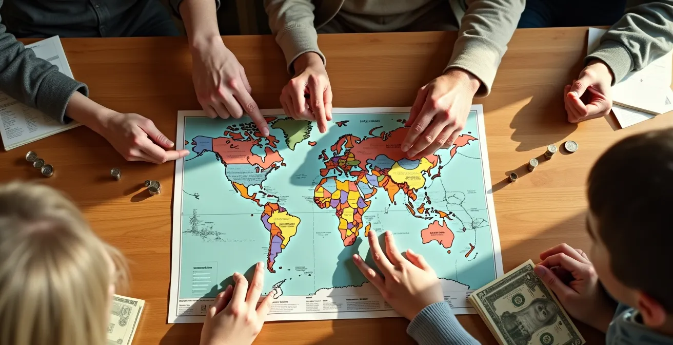 Family members collaborating around a dining table with travel planning materials