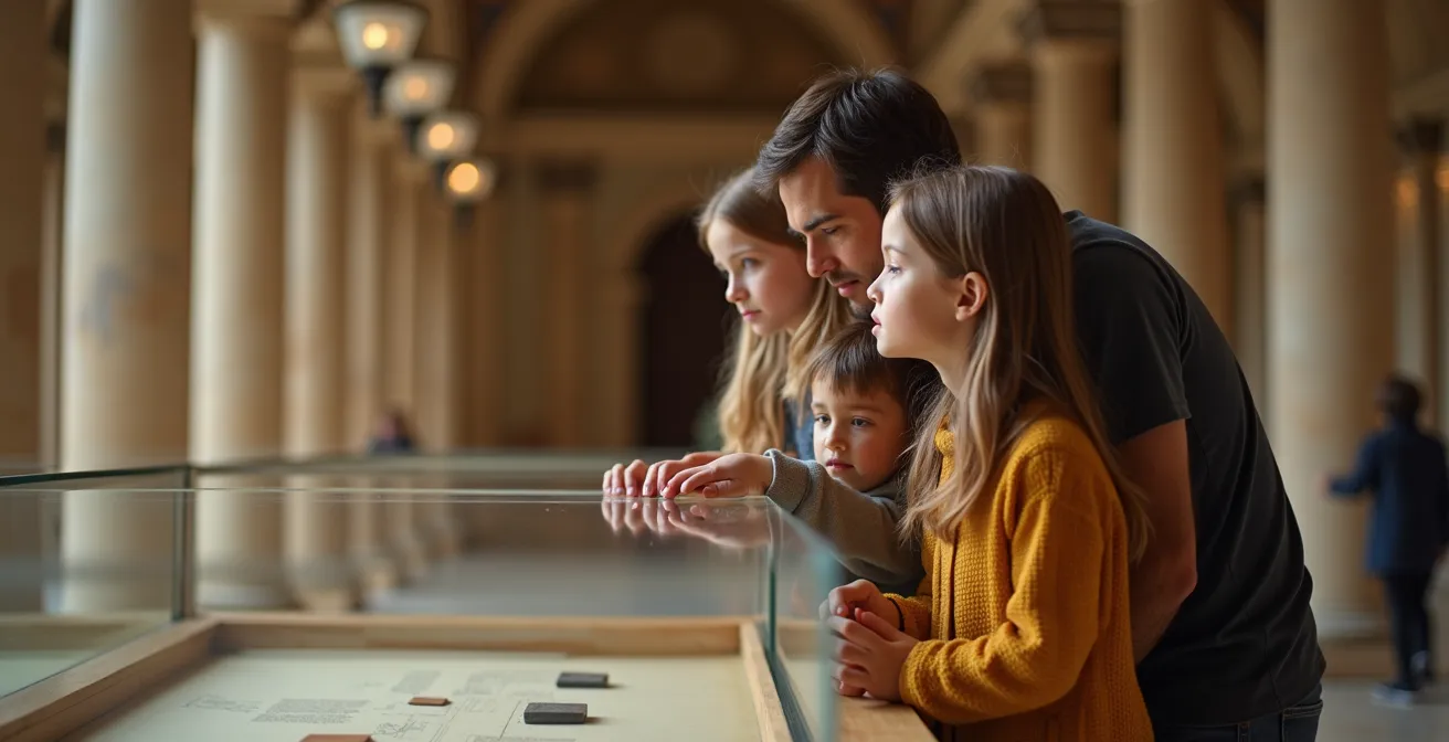Family with children viewing historic documents in a grand museum setting, faces filled with wonder.