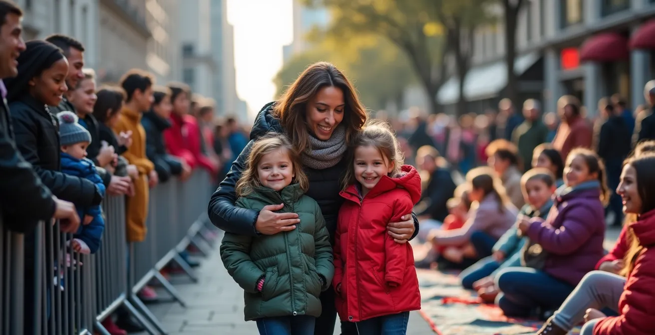Split scene showing families at NYC Macy's parade versus Pasadena Rose parade