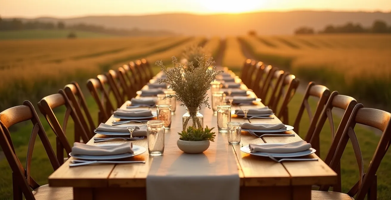 Long wooden table set for outdoor farm dinner during golden hour