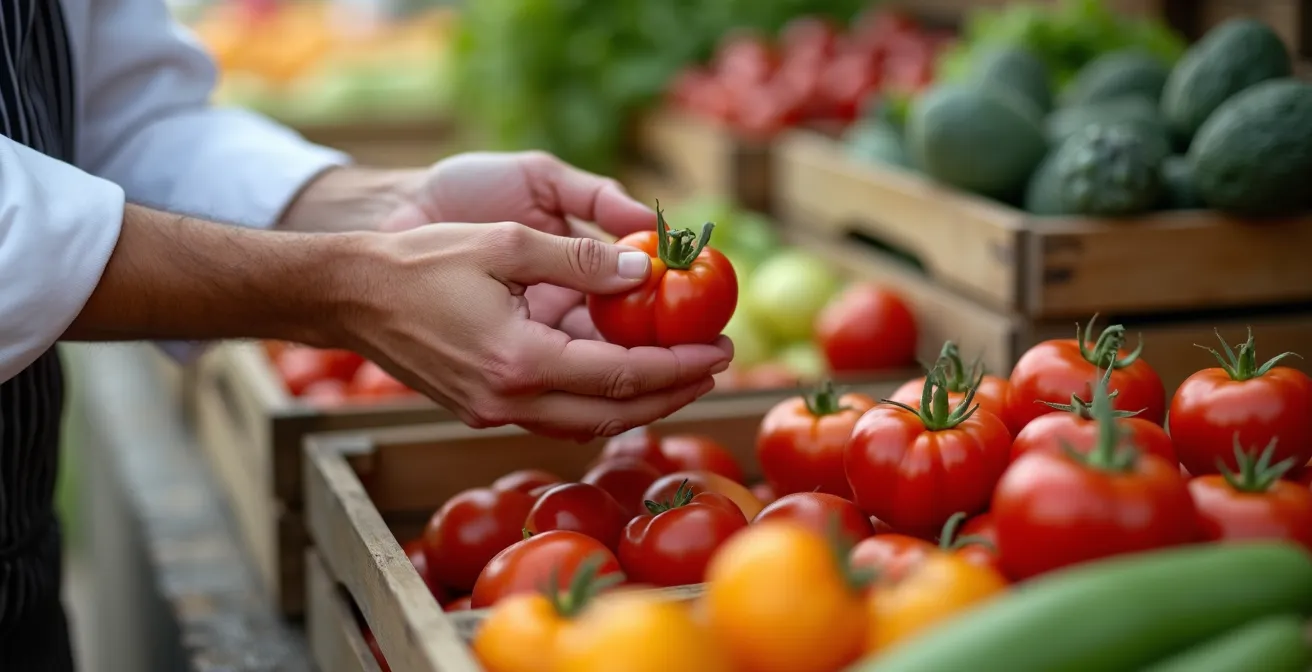 Chef selecting produce at farmers market stall during early morning