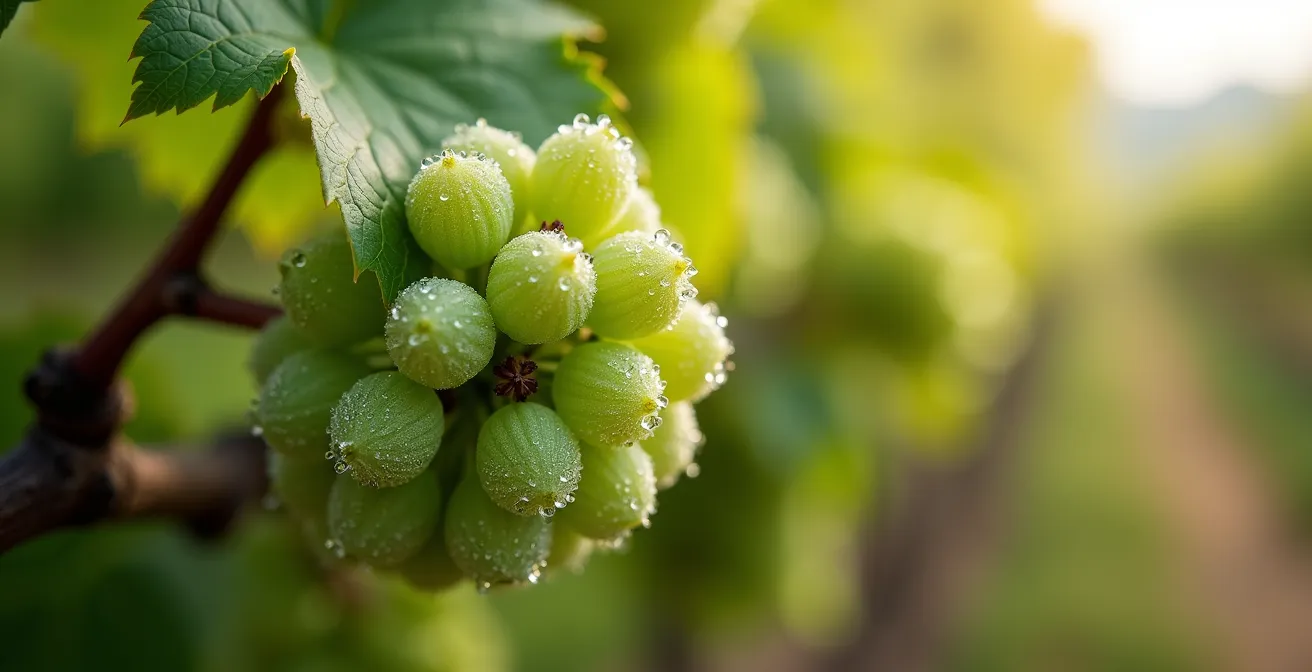 Panoramic view of Finger Lakes vineyards in spring with rows of budding vines