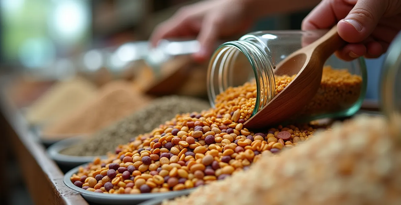 Macro shot of hands filling glass jars from bulk bins at food co-op