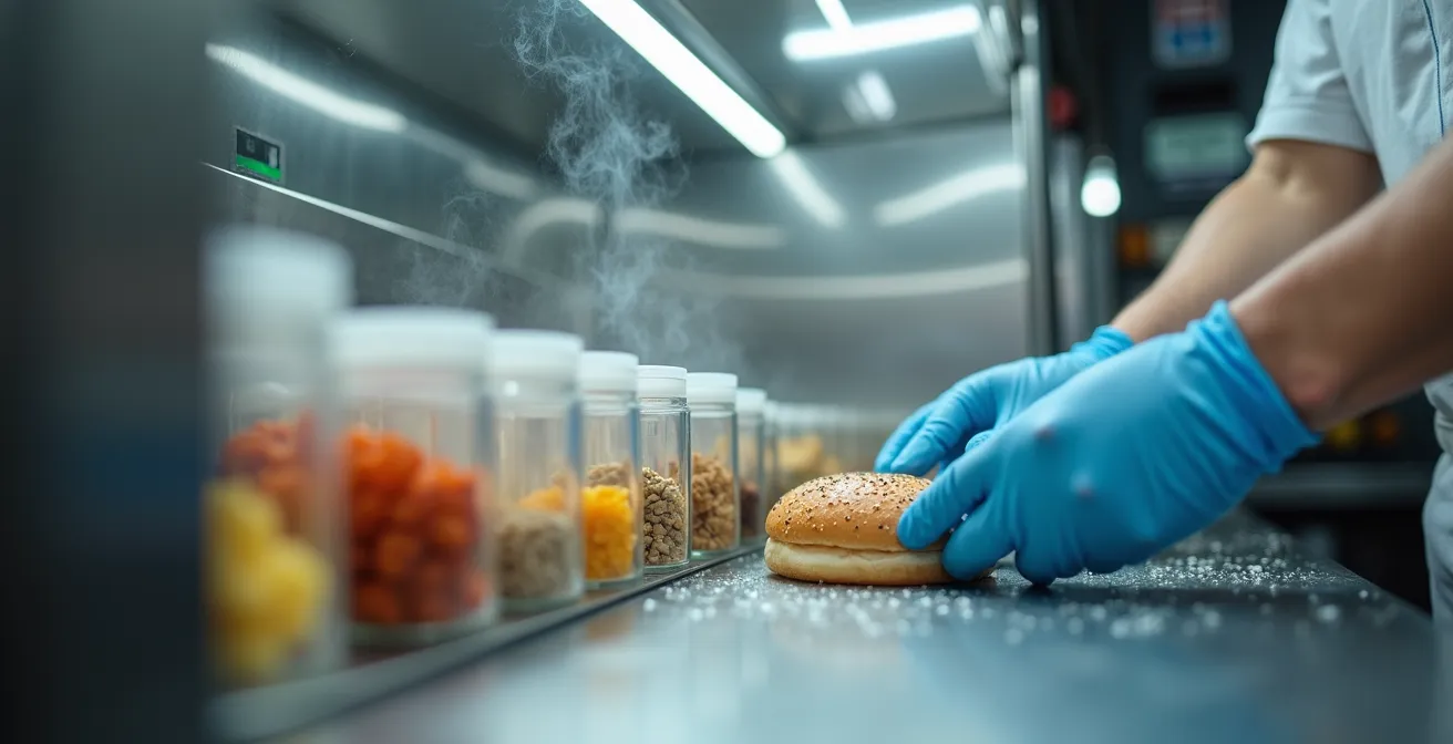 Close-up view of food truck service window showing clean preparation area and health grade display
