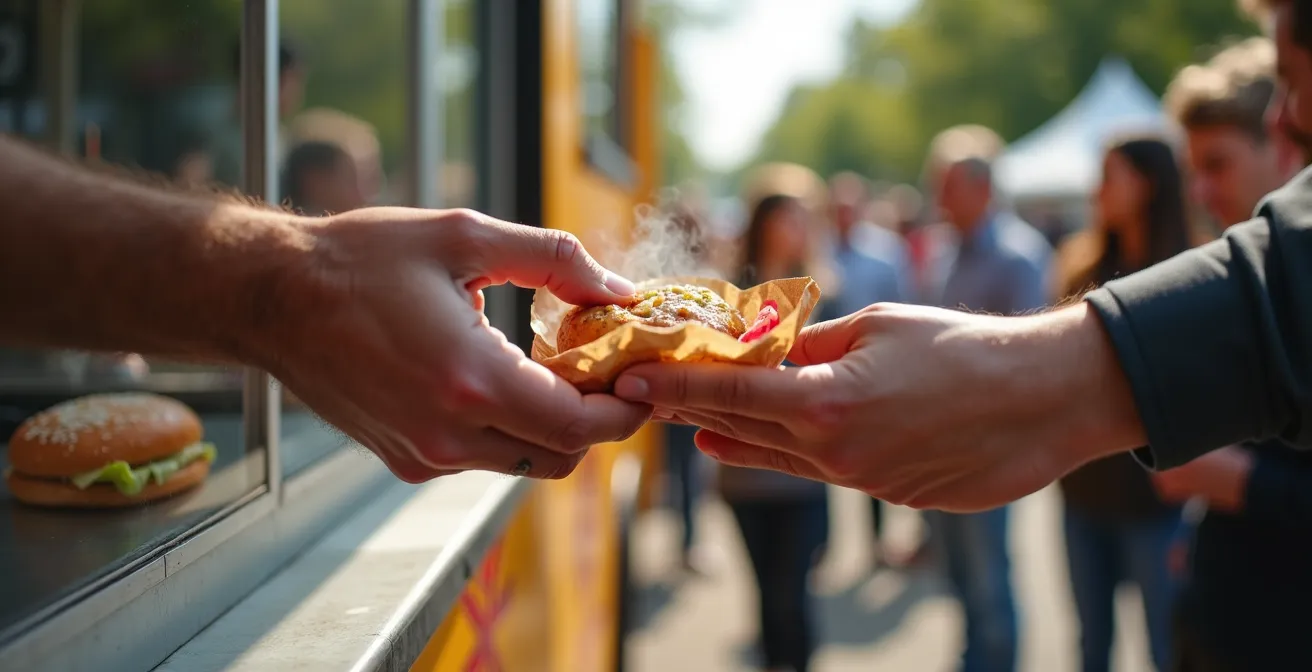 Overhead view of busy food truck with organized customer line during lunch rush
