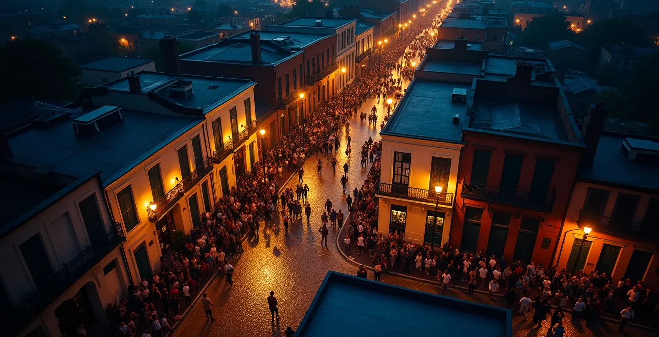 Overhead view of French Quarter showing crowd flow patterns and escape routes