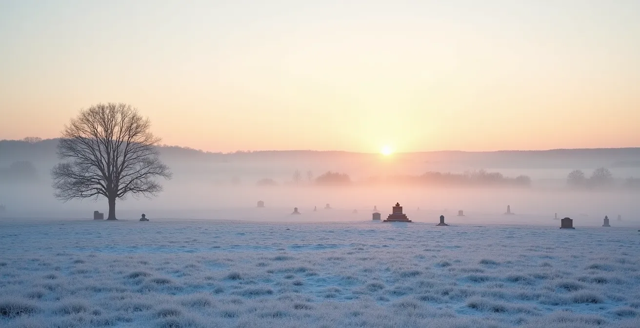 Misty winter dawn over the snow-dusted Gettysburg battlefield, with monuments silhouetted against a pale sky.