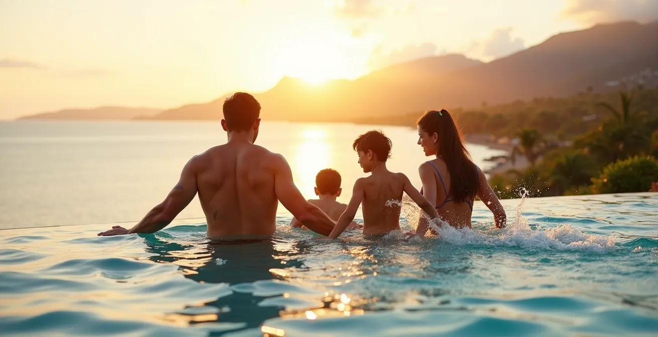 Luxurious Hawaii resort pool area at sunset with palm trees