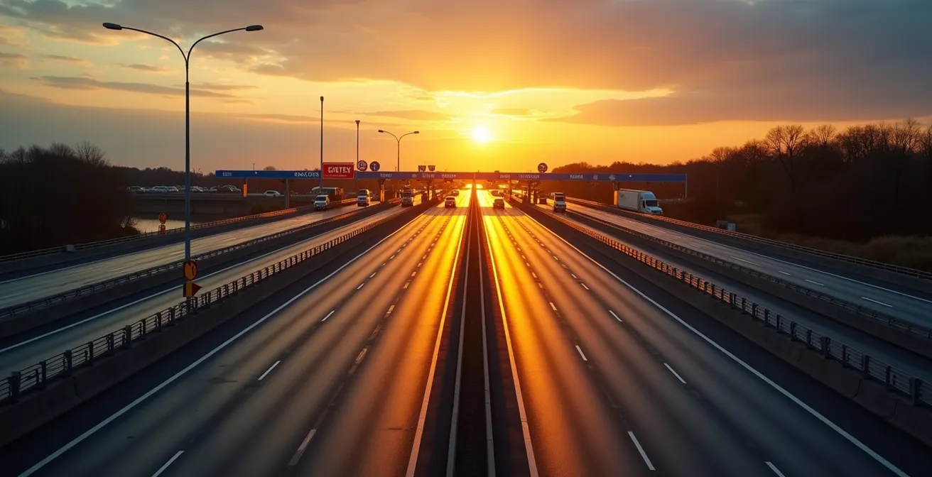 Highway toll plaza viewed from driver perspective