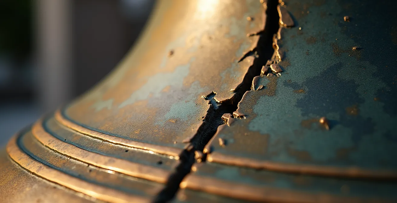 Close-up macro shot of Liberty Bell's famous crack with intricate bronze texture details