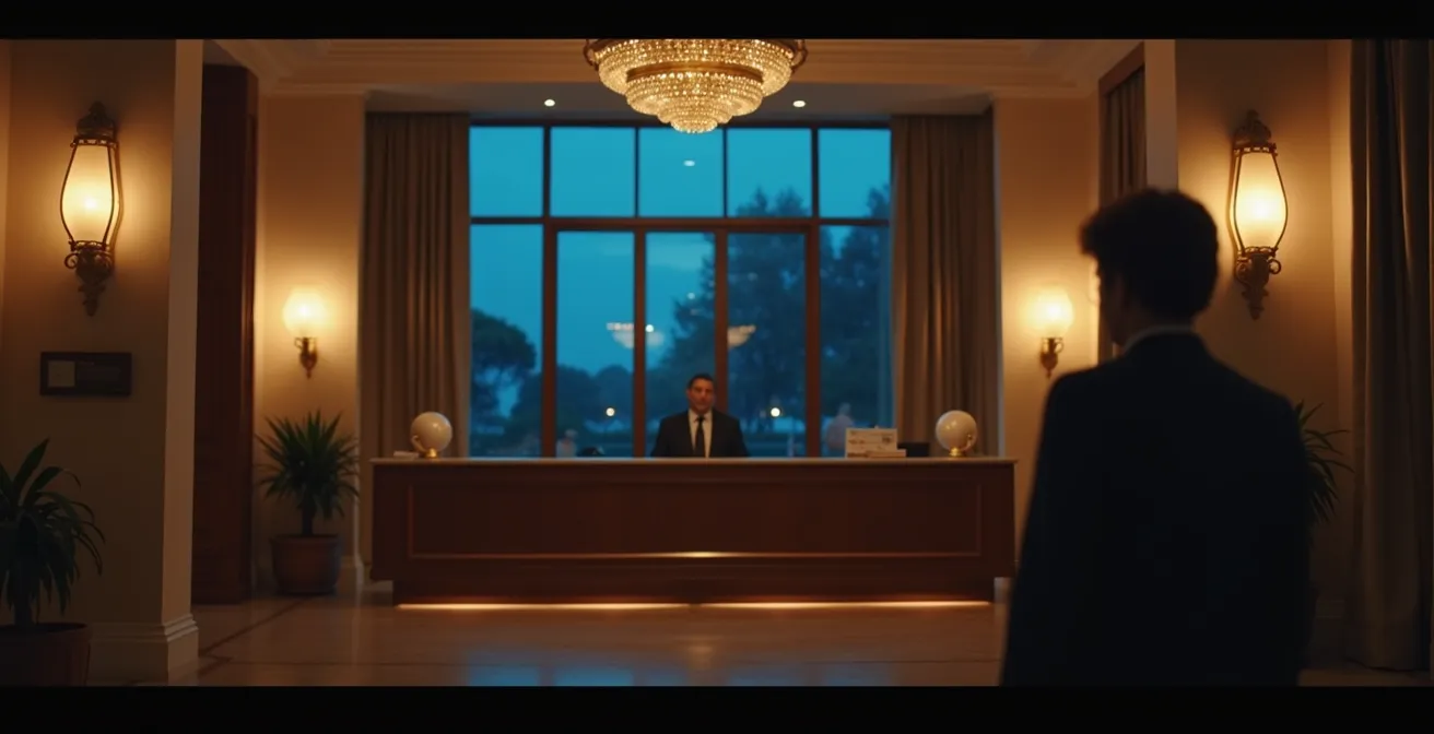 Traveler arriving at hotel reception desk during evening hours with luggage