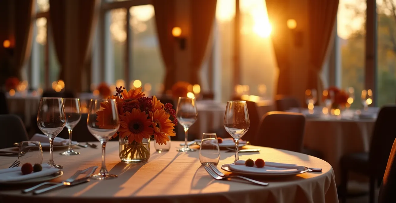 Elegant hotel restaurant dining room set for Thanksgiving dinner with autumn decorations