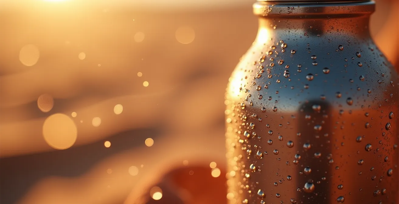 Extreme close-up of water droplets on insulated bottle with desert heat waves in background