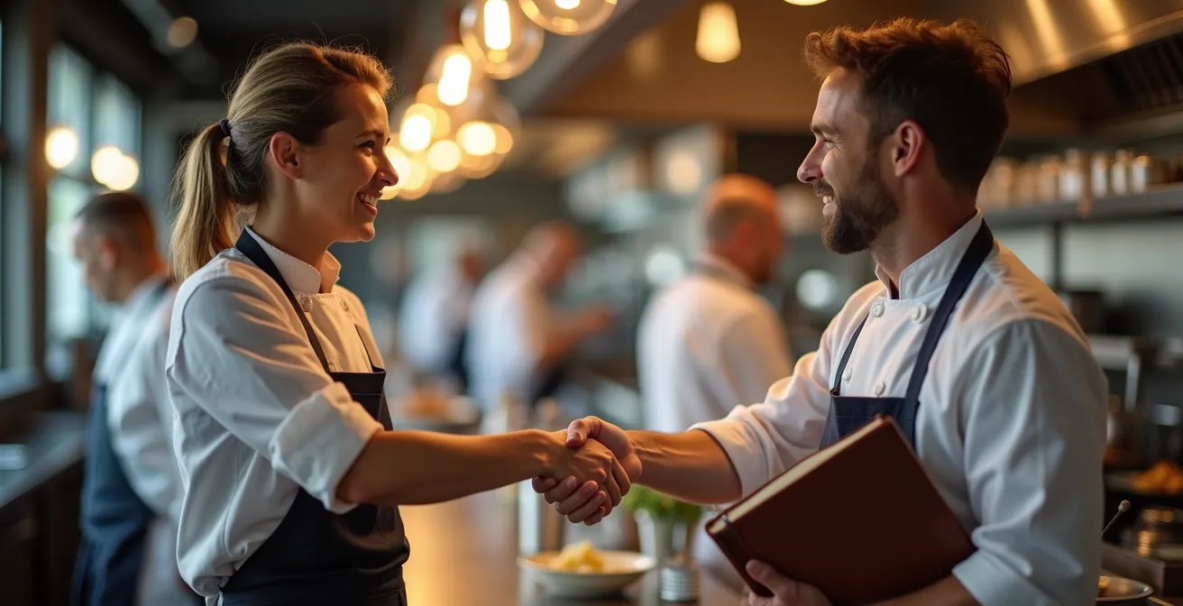 Private food tour guide introducing traveler to chef in professional kitchen