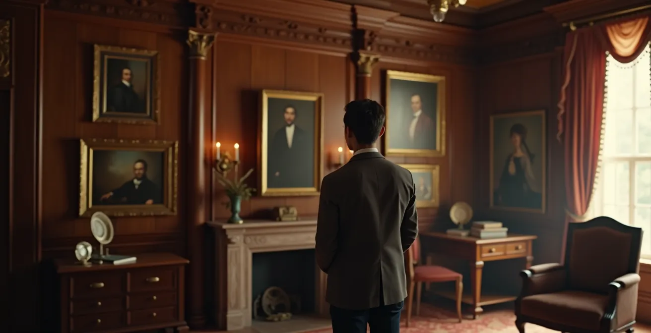 Elegant period room in a historic house museum with ornate furnishings and warm lighting