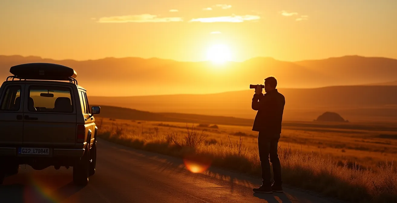 Wide view of Lamar Valley at dawn with empty road and distant mountains
