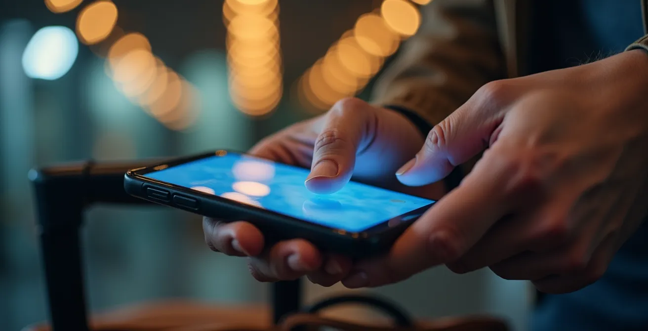 Traveler with luggage in hotel lobby at night using phone